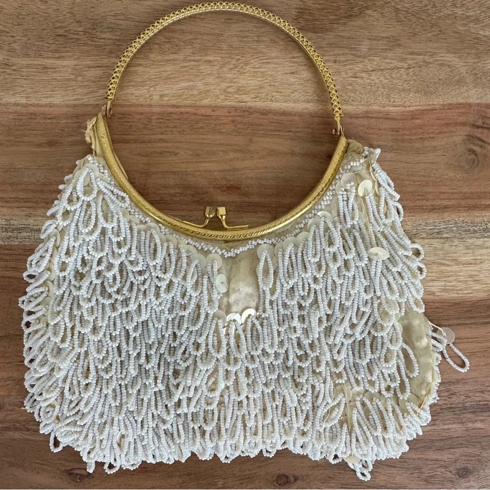 Vintage White Beaded Clutch with Gold Handle